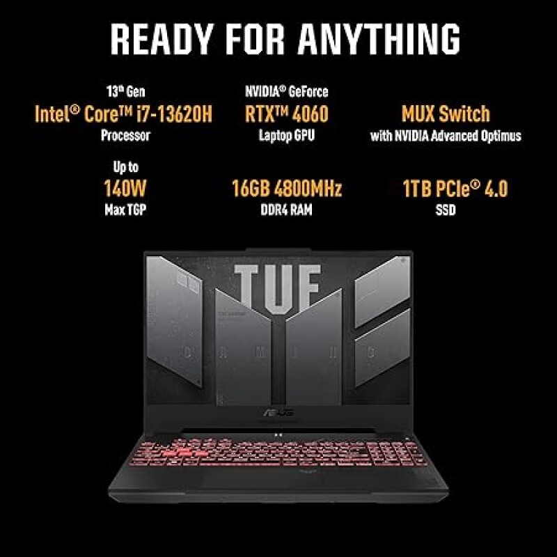 ASUS TUF Gaming F15, 15.6" FHD (1920 x 1080) 16:9, 13th Gen Intel Core i7-13620H Processor 2.4 GHz, Gaming Laptop (16GB